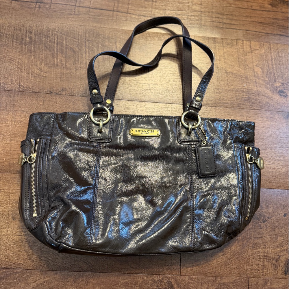 Coach Dark Brown Leather Tote with Gold Hardware